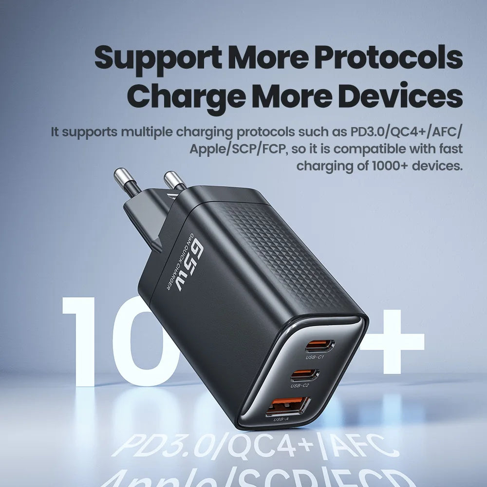 Gan 65W USB Type C Charger Fast Charging QC4.0 QC3.0 PD3.0 for Iphone 16 15 14 13 12 Xiaomi 12 11 Samsung S23 S22 Laotop