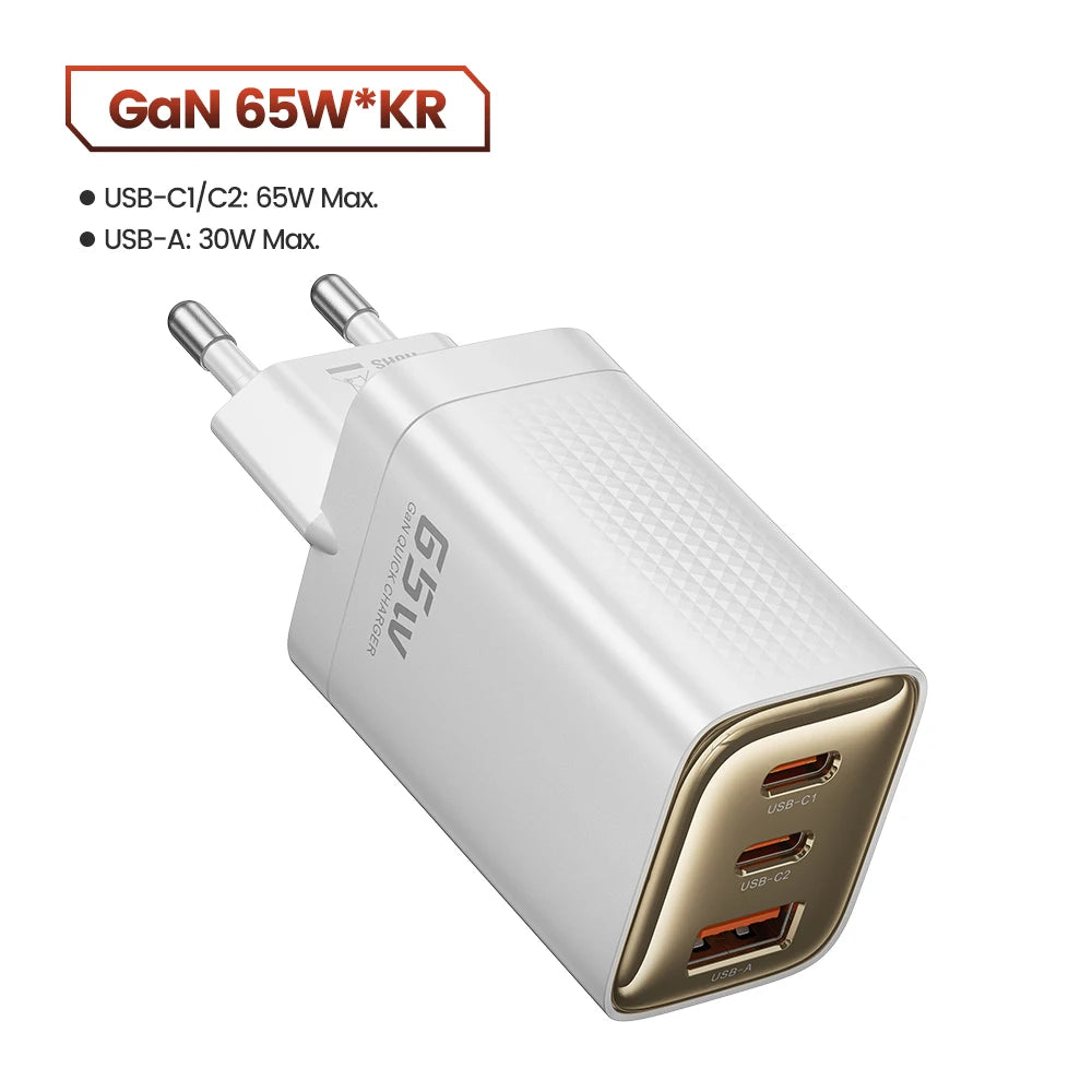 Gan 65W USB Type C Charger Fast Charging QC4.0 QC3.0 PD3.0 for Iphone 16 15 14 13 12 Xiaomi 12 11 Samsung S23 S22 Laotop