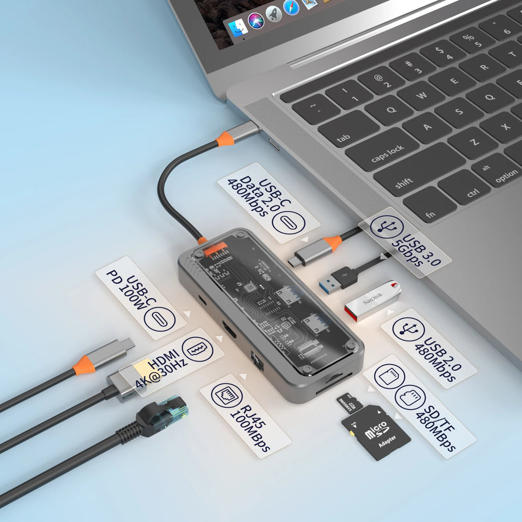 USB C Hub Type C to Ethernet Port PD 100W Adapter for Macbook Pro USB 3.0 Hub Laptop Tablet Usb C Hub Docking Station
