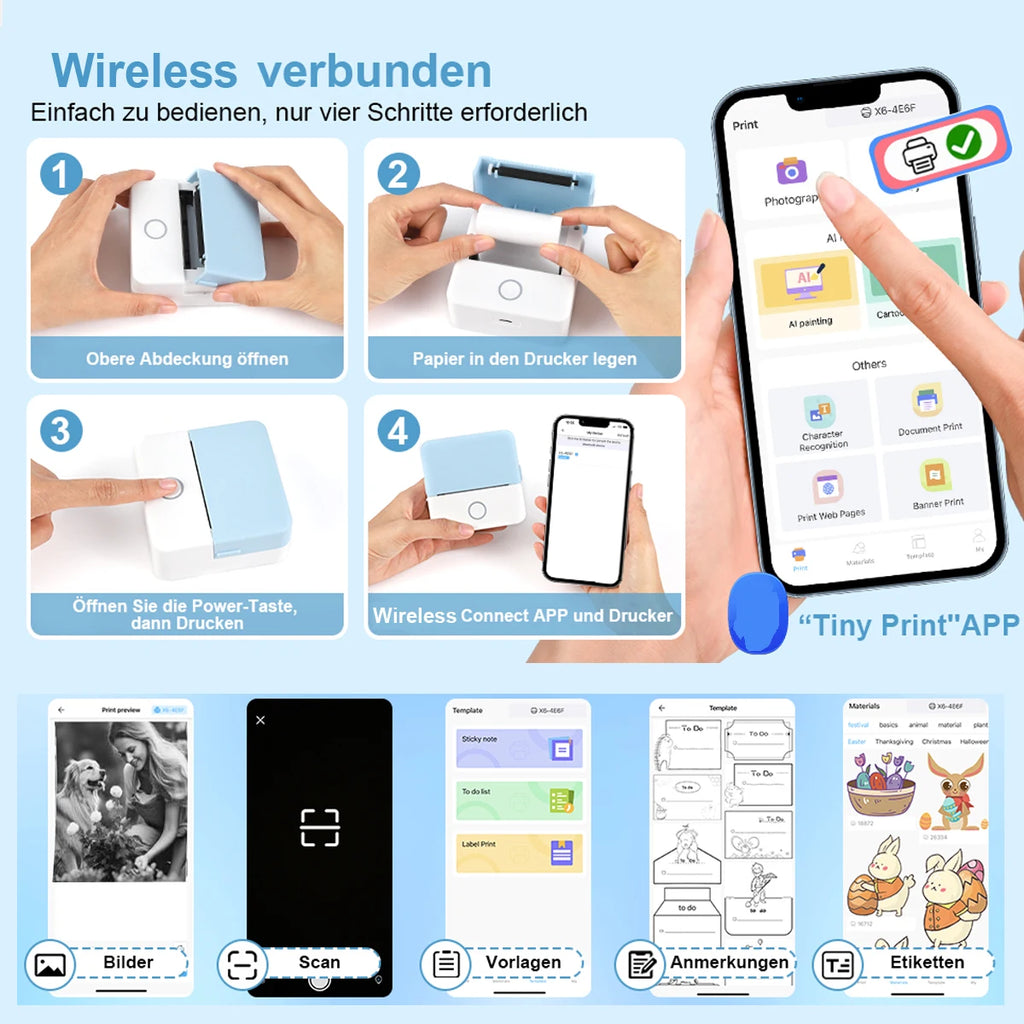 Wireless Mini Thermal Printer Wireless Mini Thermal Printer, Portable Label Maker, 200Dpi High Resolution, USB Rechargeable