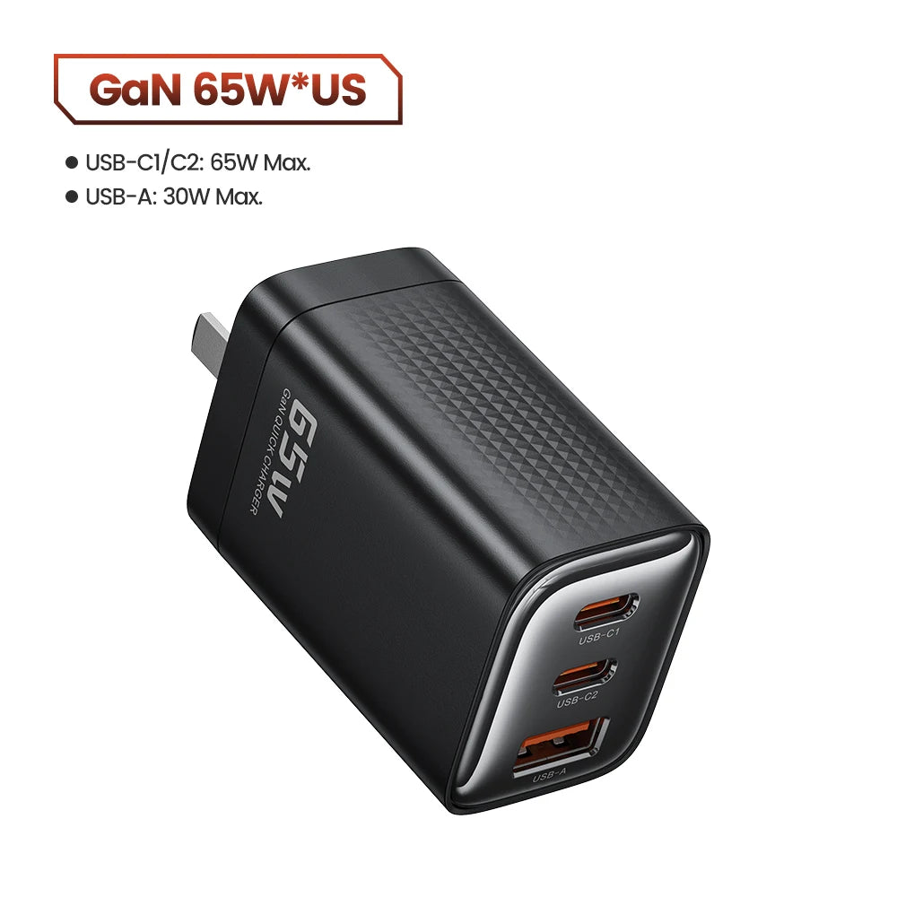 Gan 65W USB Type C Charger Fast Charging QC4.0 QC3.0 PD3.0 for Iphone 16 15 14 13 12 Xiaomi 12 11 Samsung S23 S22 Laotop
