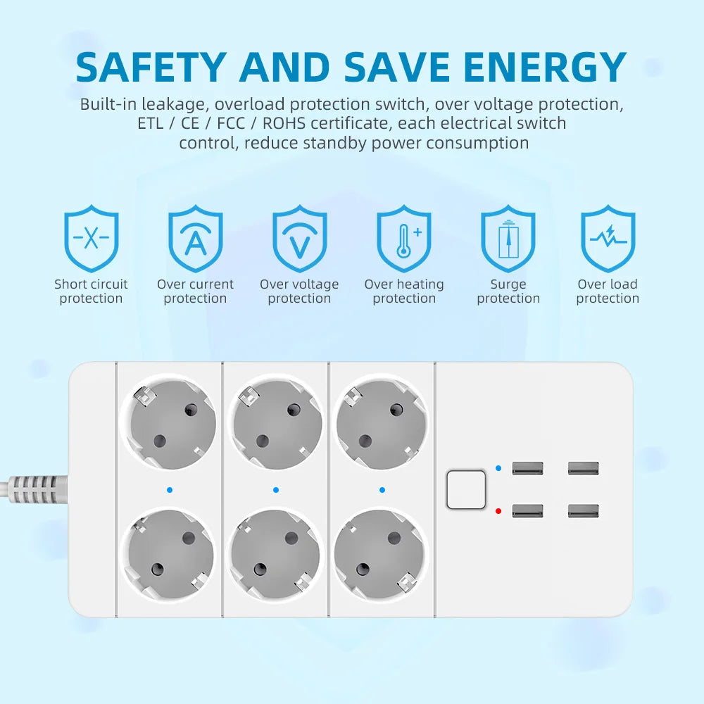 Smart Wifi Power Strip 3/4/6 EU 4USB Charging Port Timing With5V3.1A.Bluetooth Control Alexa Google Home Assistant