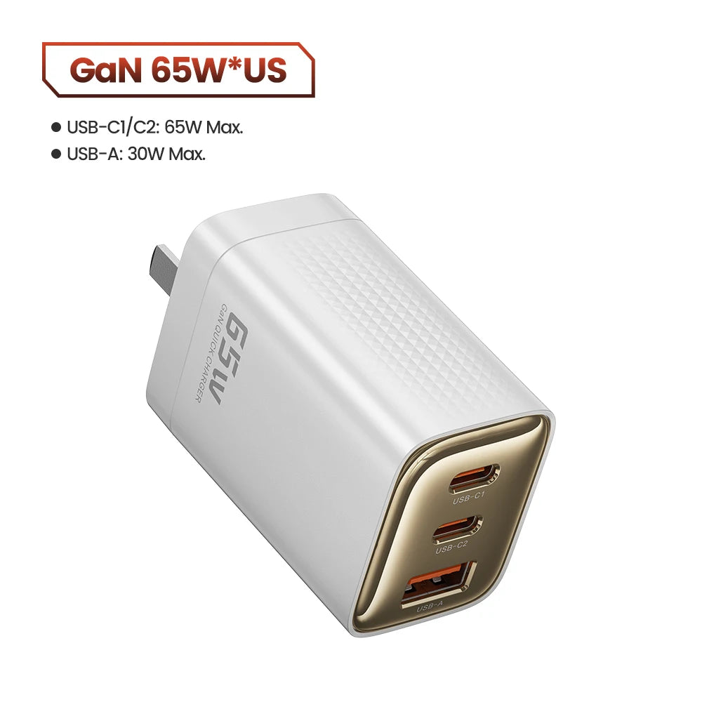 Gan 65W USB Type C Charger Fast Charging QC4.0 QC3.0 PD3.0 for Iphone 16 15 14 13 12 Xiaomi 12 11 Samsung S23 S22 Laotop